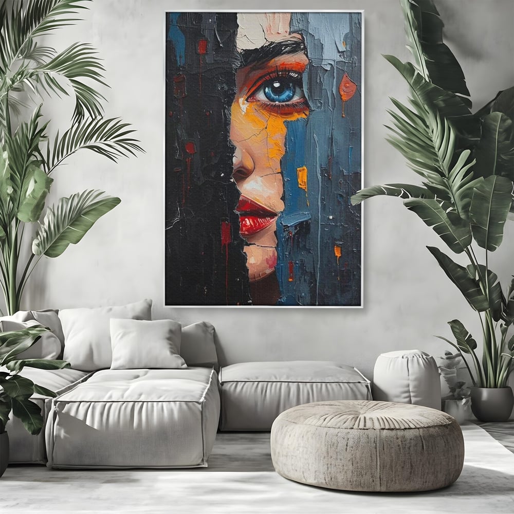 Tablou canvas cu tablou canvas cu portretul unei femei, in rama de aluminiu argintiu, pe perete intr-un living